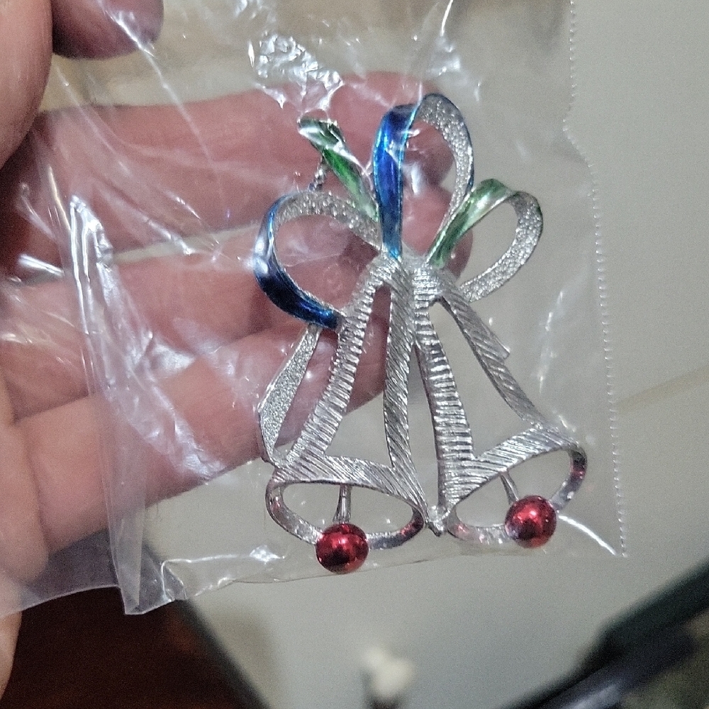 Silver Bell Brooch with Red and Blue Accents